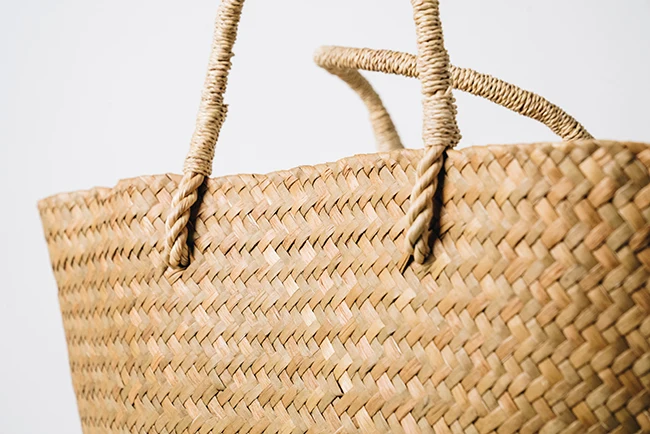 Kajood Wicker Thailand Handmade Tote Bag Light Brown Color Vintage Style Hand Craft Product of Thailand