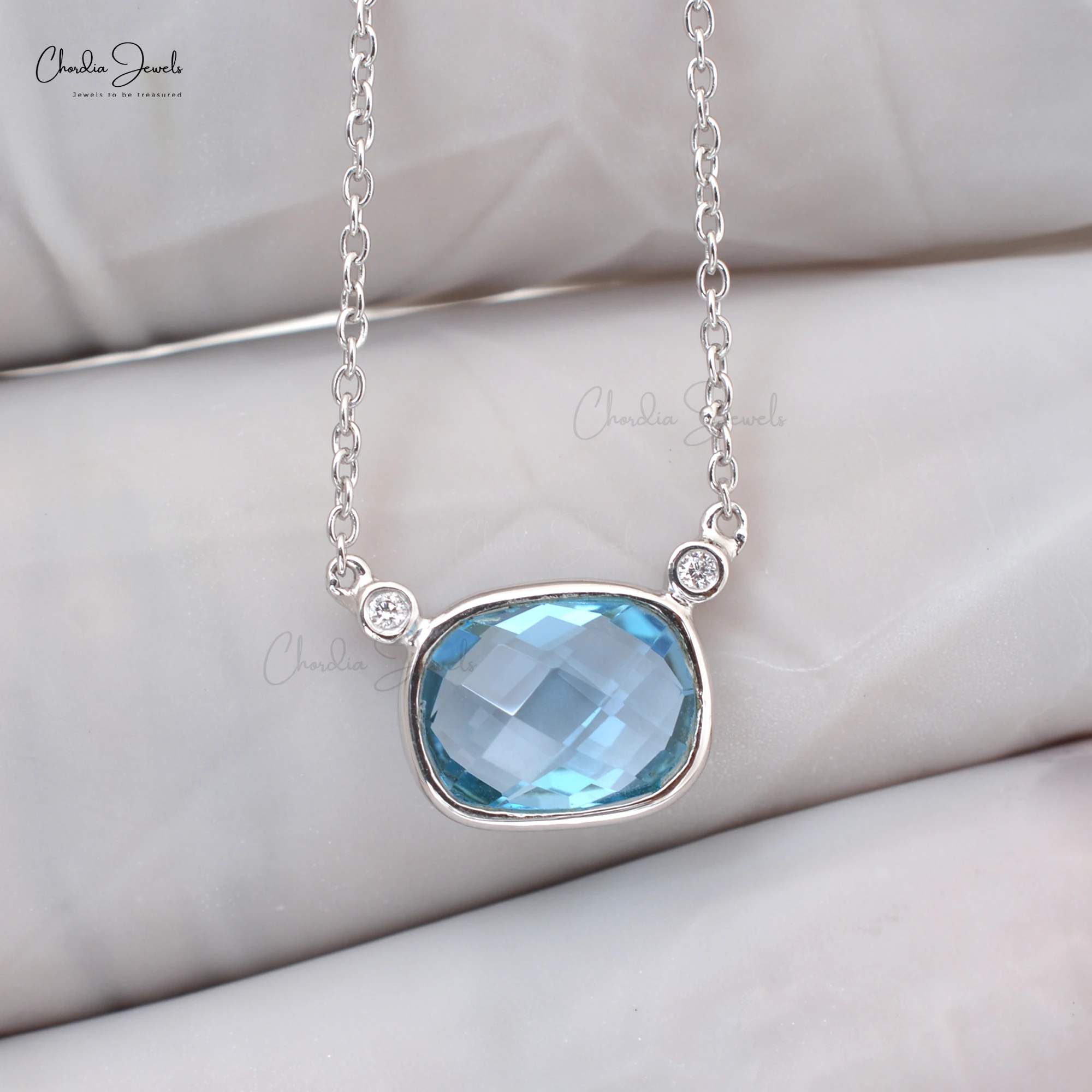 Natural Swiss Blue Topaz and Diamond Necklace 14k Real Gold Gemstone Jewelry Women Necklace for Wedding Gift Wholesale Price