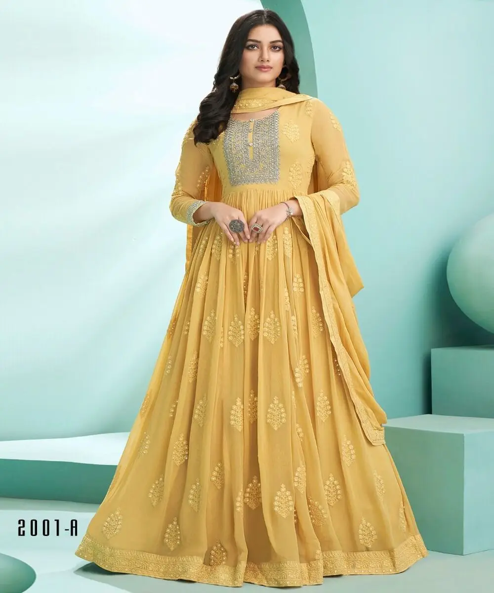 Fabulous festival wear new arrival anarkali flour length long gown with dupatta georgette fabric yellow border regular sleeve