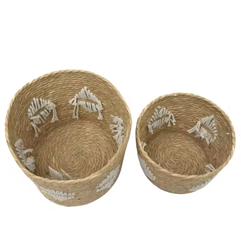 ZONNEST Hight Quality Cheap Natural Round Cattail Grass Woven Craft Basket Handmade Straw Woven Storage Box Basket Set For Home