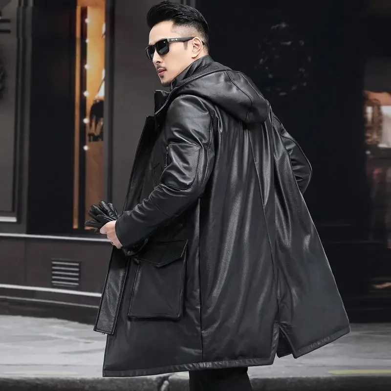 Autumn Winter Men Down Coats White Duck Down Genuine Cow Leather Hooded Long Jackets Loose High Standard Plus Size Men Coats