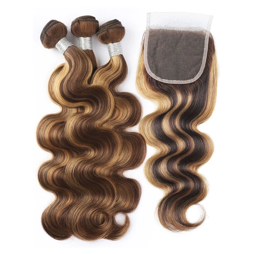 Piano Color Deep Wave Highlight 3 PCS Virgin Human Hair Bundles with Closure P4/27# Mixed Wavy Bundle and Closure Deals