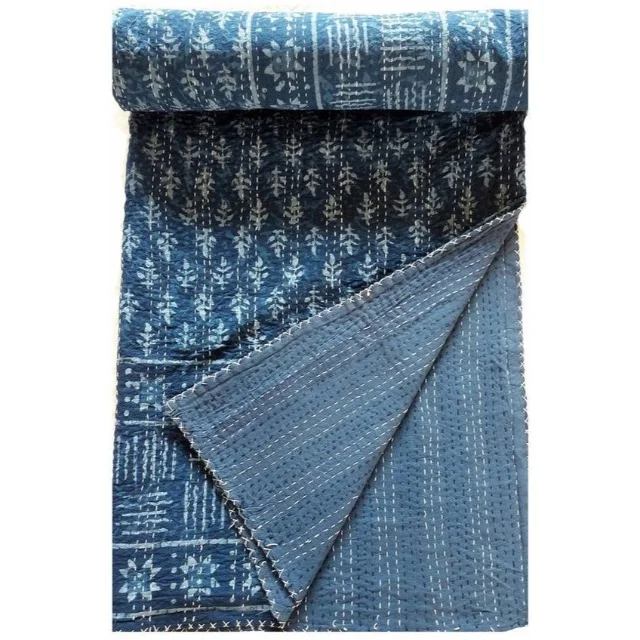 Soft Cotton Hand Block Printed Kantha Quilt Bed coverwork Wholesale Vintage Indigo Kantha Quilt Blue Colour Reversible Ka