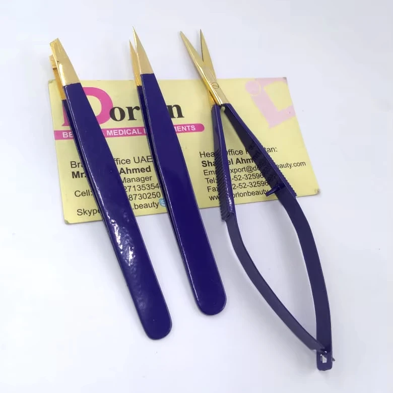 Gold Plated Tips With Blue Color Coated Eyebrow Tweezers Custom Logo Offer Professional Beauty Brow Tweezers With Spring Scissor