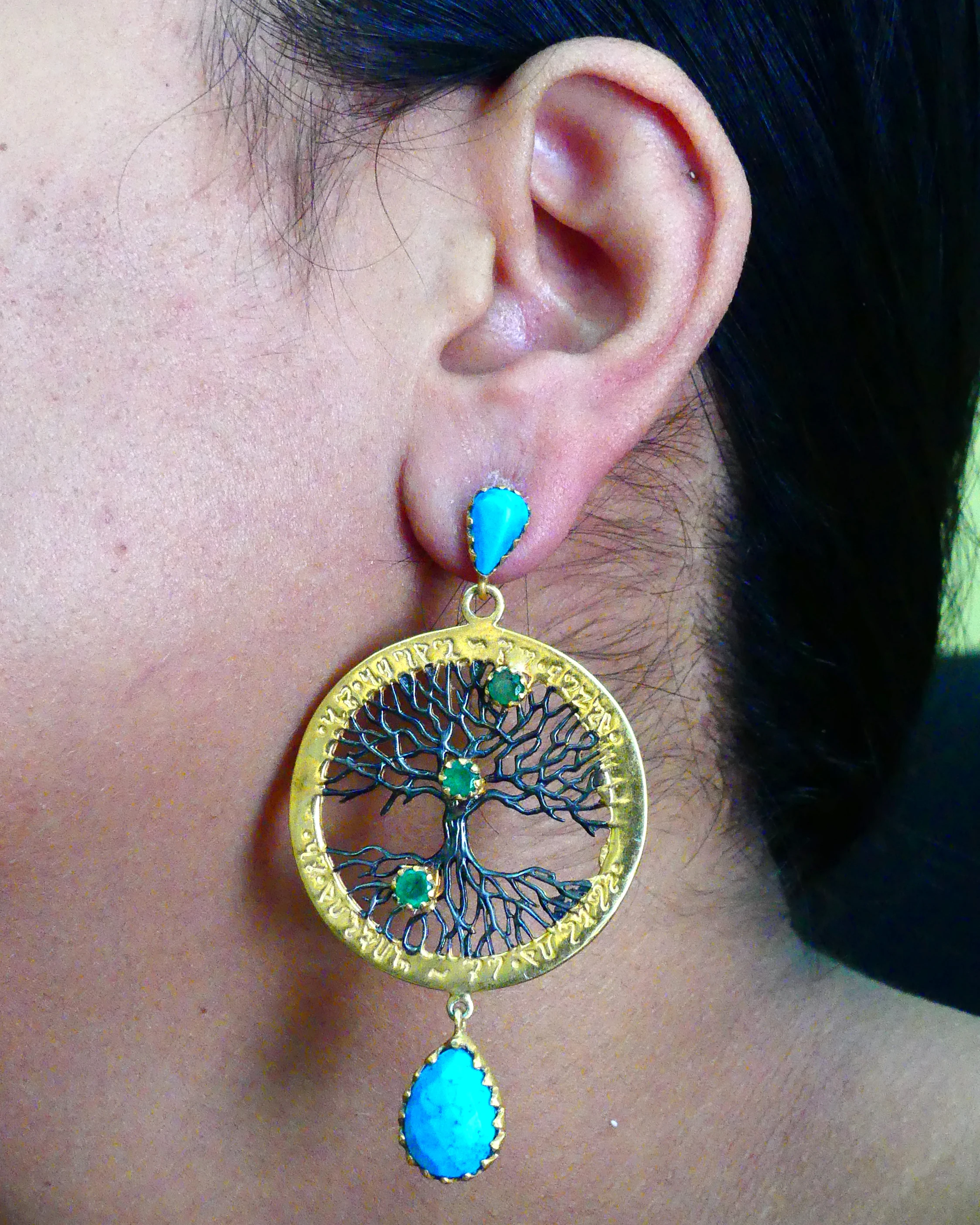 Sterling Silver 925 Oxidized Turquoise Emerald Gemstone Gold Plated Unique Elegant Women Wear Tree Earrings