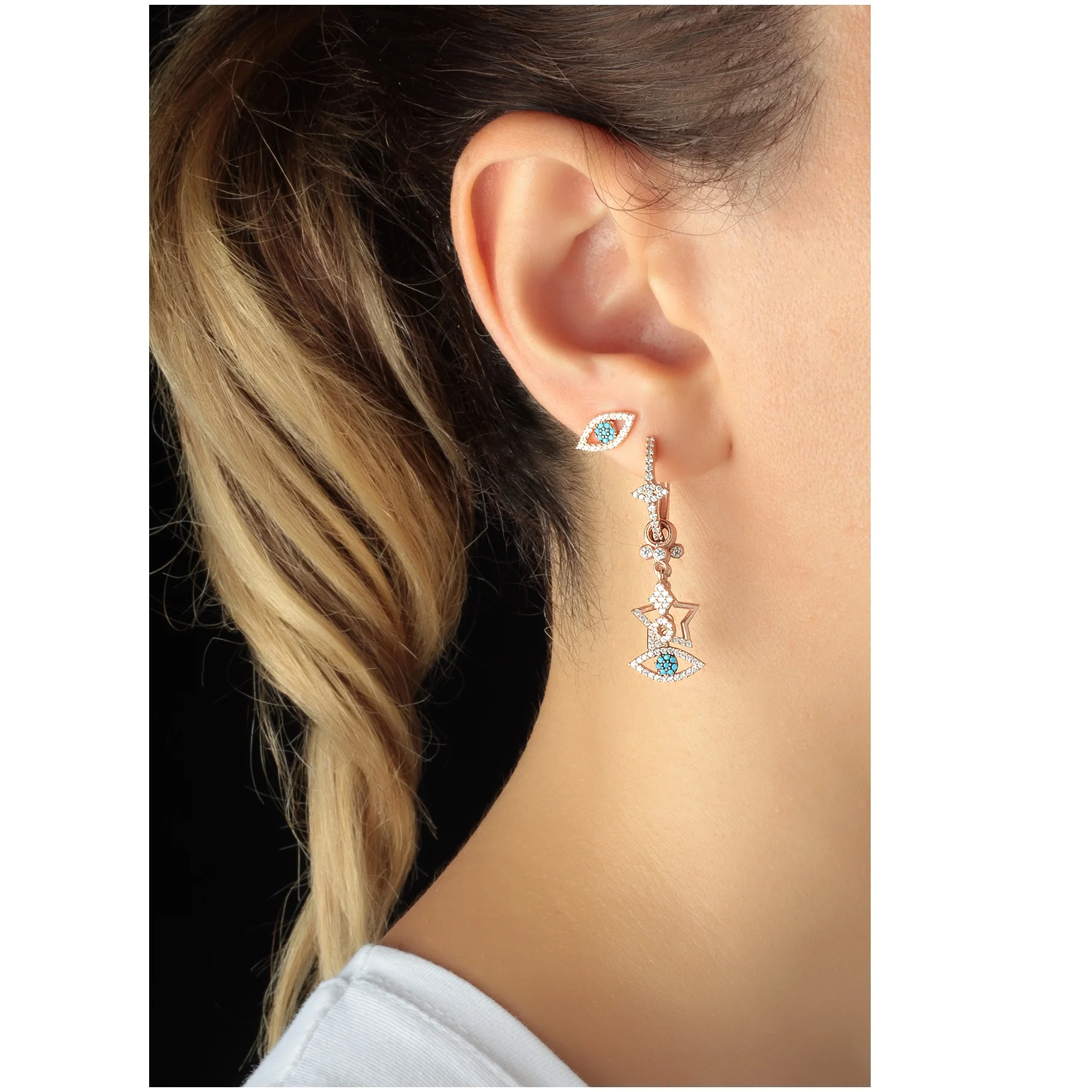 925 Sterling Silver Single Huggie Evil Eye Hoops Earrings Double Piercing Star Earrings Dangle Hoop Charm Earrings