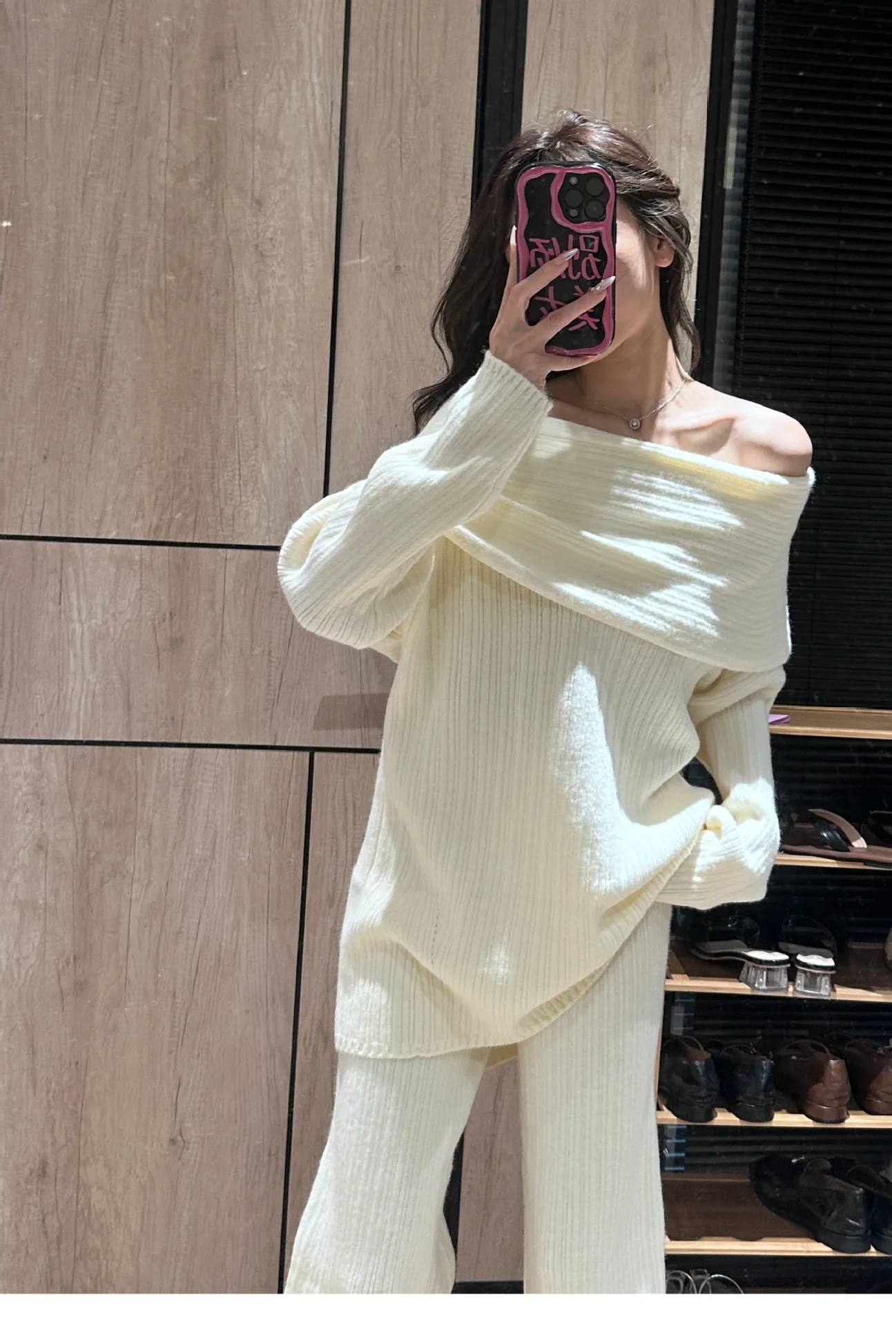 New 2024 classic off-shoulder sweater casual wide-leg pants two-piece suit sweater sets outwear ladies warm knitted set