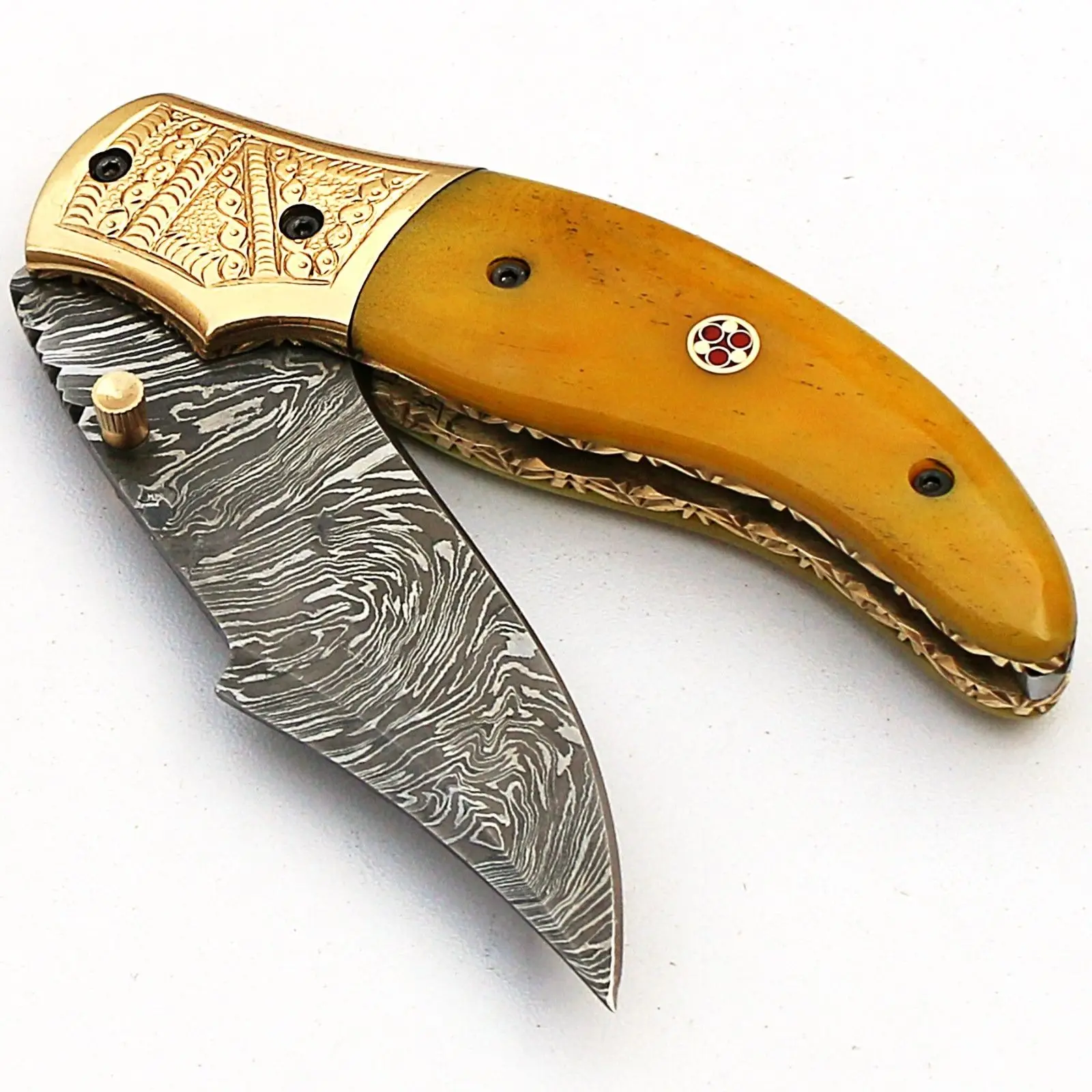 Custom Handmade Damascus Folding Knife Yellow Camel Bone Handle Pocket Knife Leather Sheath OEM Support Blade Material Steel