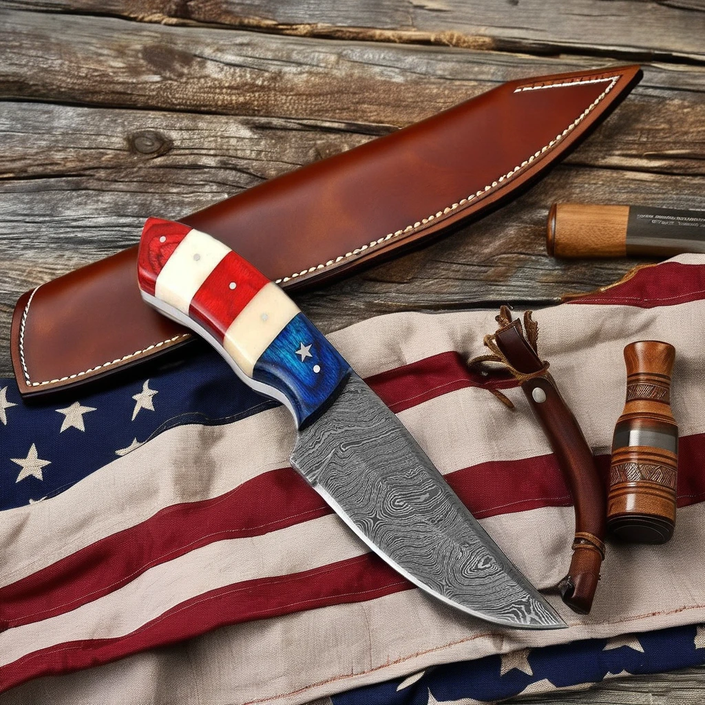 Damascus Steel Bush Craft Knife Handmade Kitchen Cutlery Set with American Flag Handle Factory Price Hunting Tool