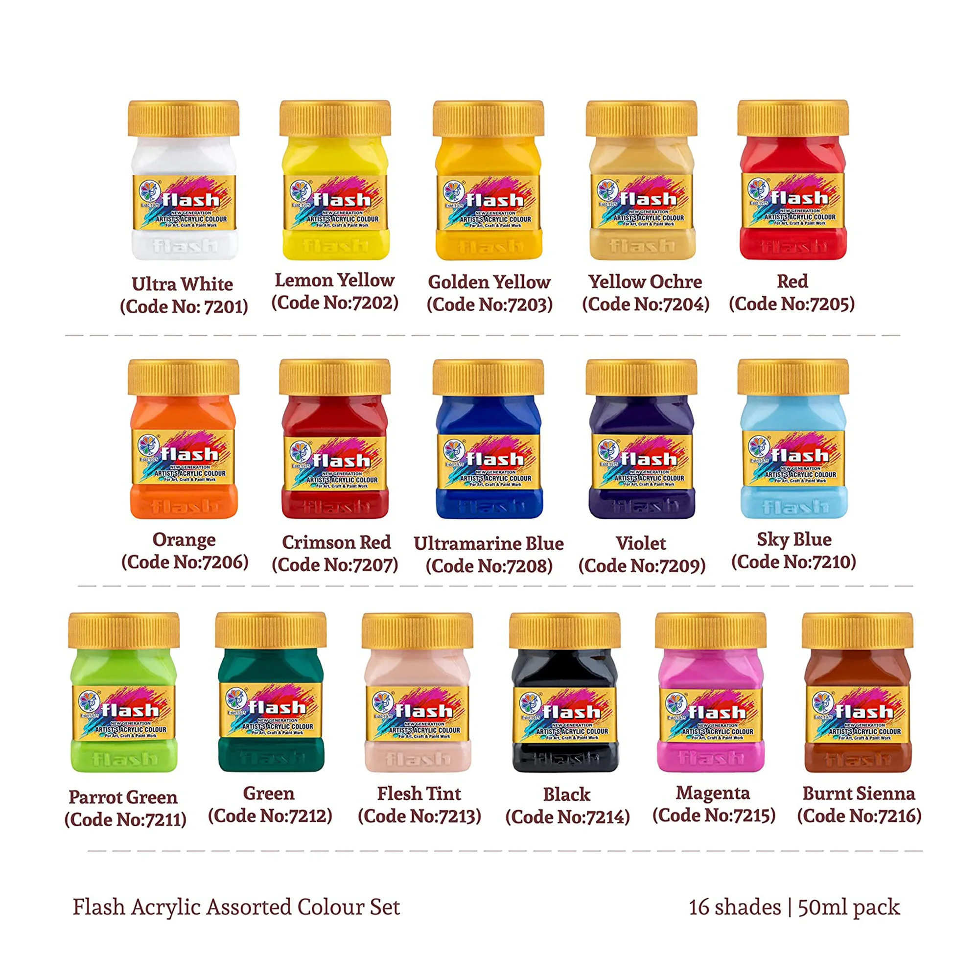 High Quality Flash Acrylic Paint Set | 50ml 25 Color Set | Non Toxic for Kids & Artist High Lightfastness