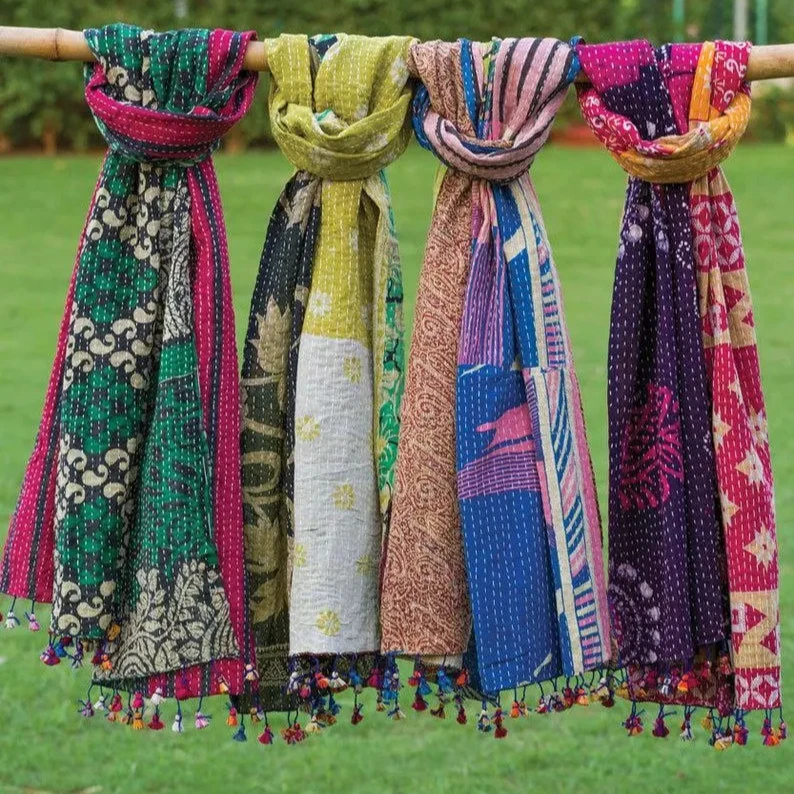Vintage Kantha Scarf Bohemian Reversible Double Layer Cotton Kantha Scarves Stole Headwraps Shawl