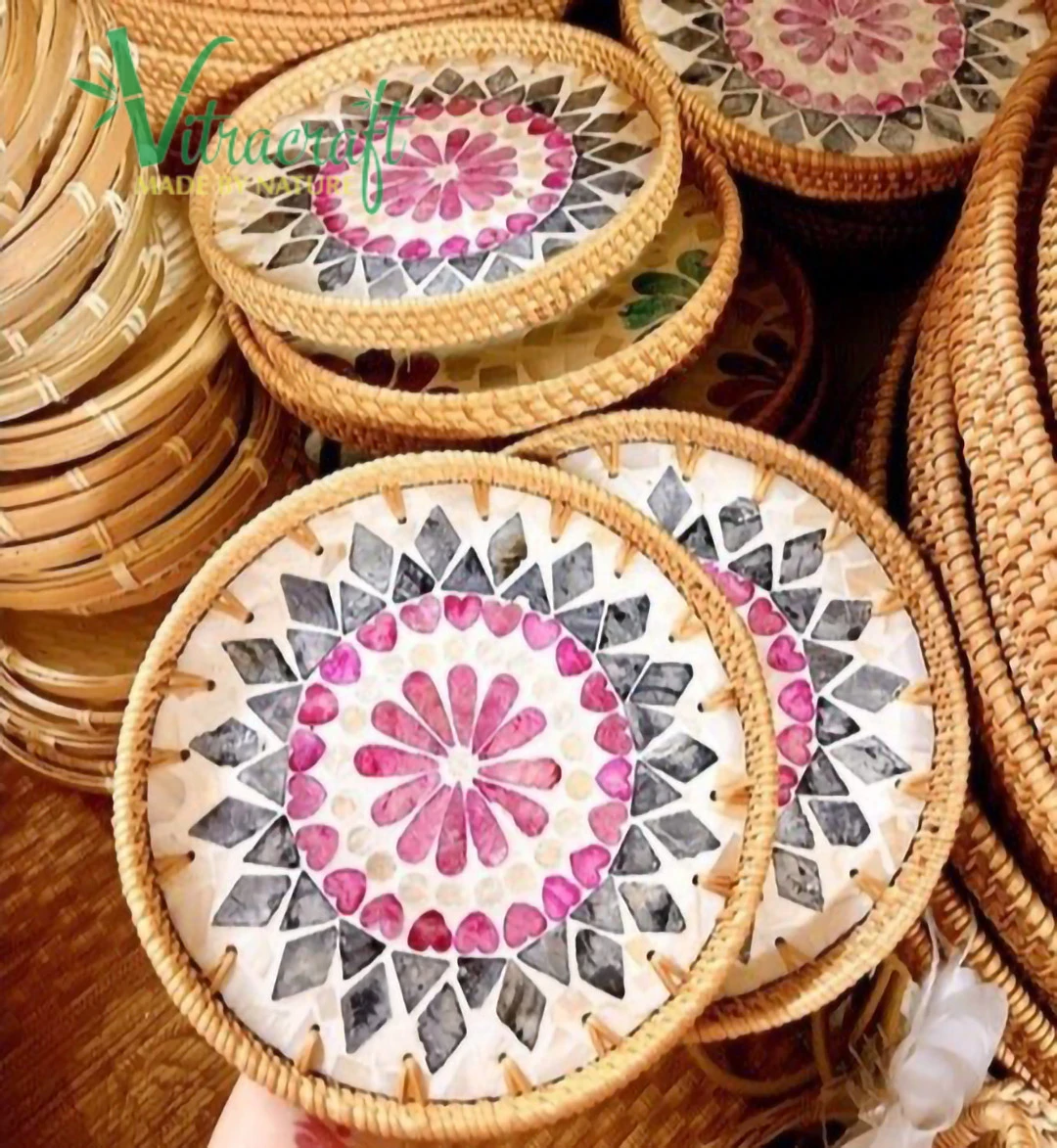 Поднос из ротанга ручной работы поднос с инкрустацией. Круглый лоток ротанга. Вьетнамские товары декоративный Размер 20 см Вьетнам