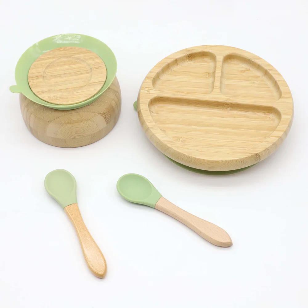 Custom Logo Dinner Plates Kids  High Quality Natural Bamboo Animal Baby Plate with suction baby feeding set