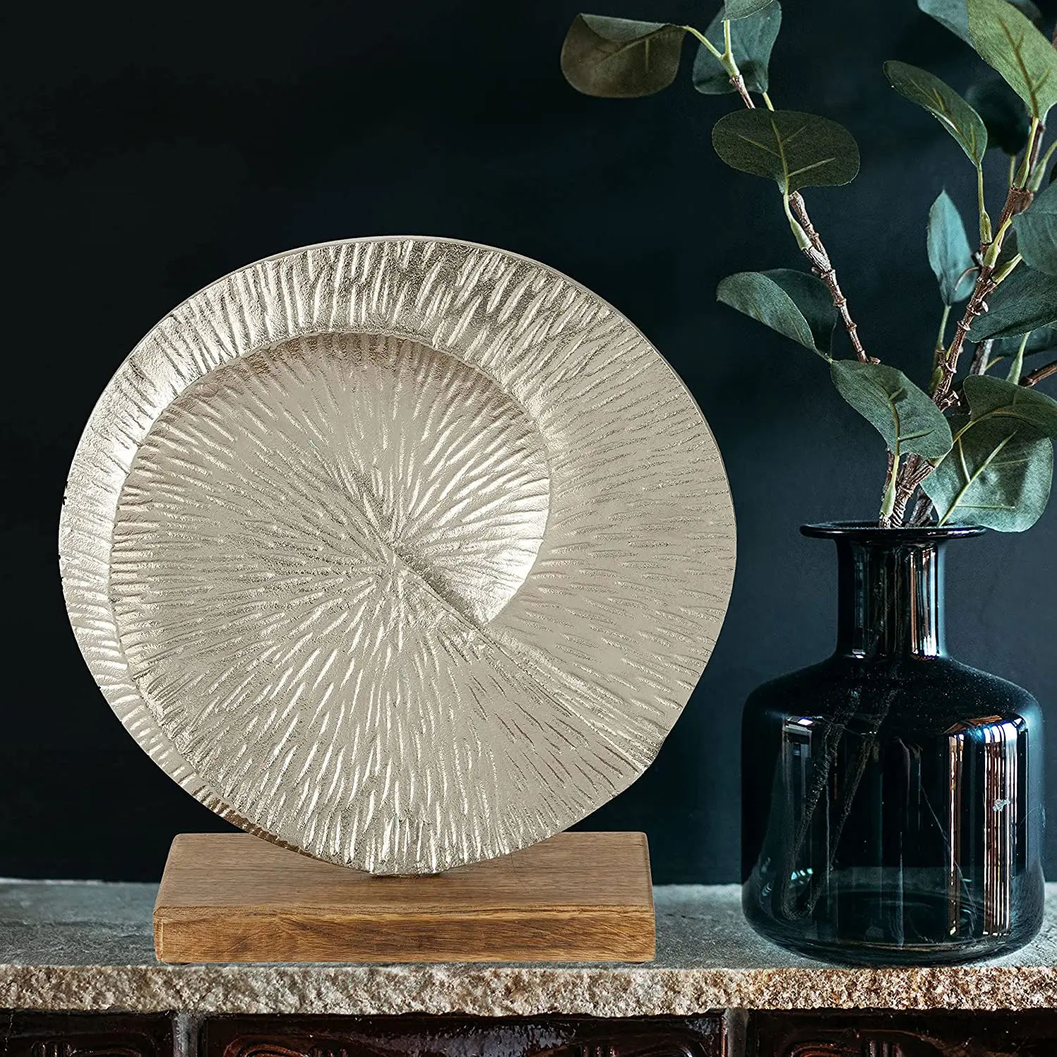 Silver Aluminum Modernist Home Infinity Disc Sculpture Accent With Mango Wood Base Tabletop Sculpture For For Office and Home