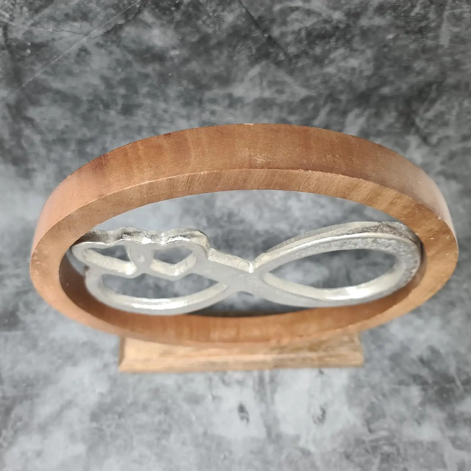 Luxury Design Lifestyle & More Modern Sculpture Infinity in a Circle Aluminum on Base Mango Wood Silver Brown With Low Price