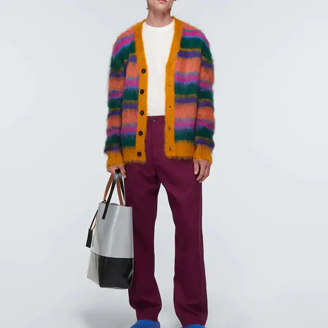 2023 Custom OEM & ODM mohair men sweater knitwear winter Striped mohair Fuzzy designer custom Cardigan knit sweater men