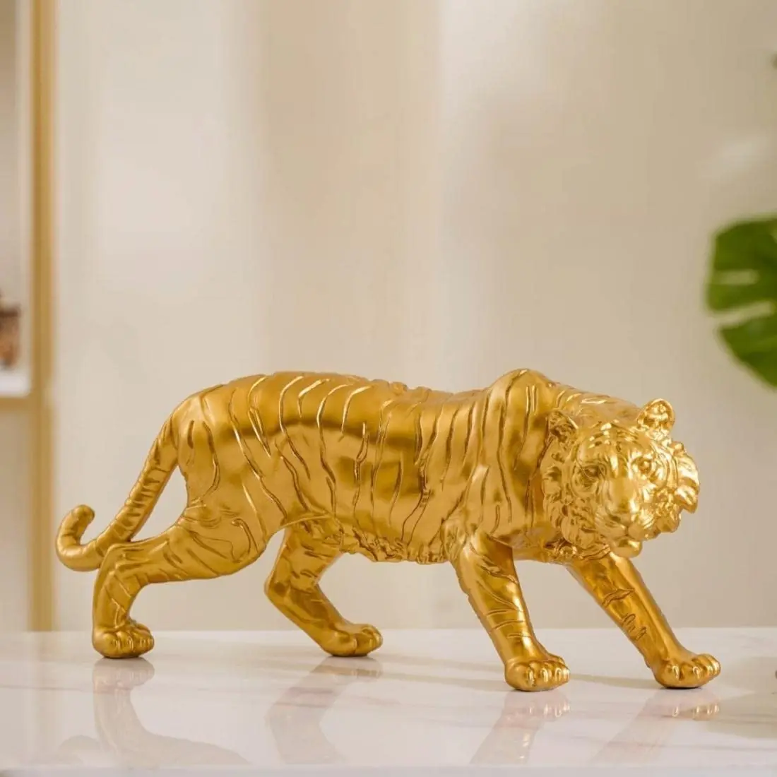 Golden Royal Bengal Tiger Resin Showpiece with Smooth Metallic Finishing for Home Decor Living Room Perfect for Gifting