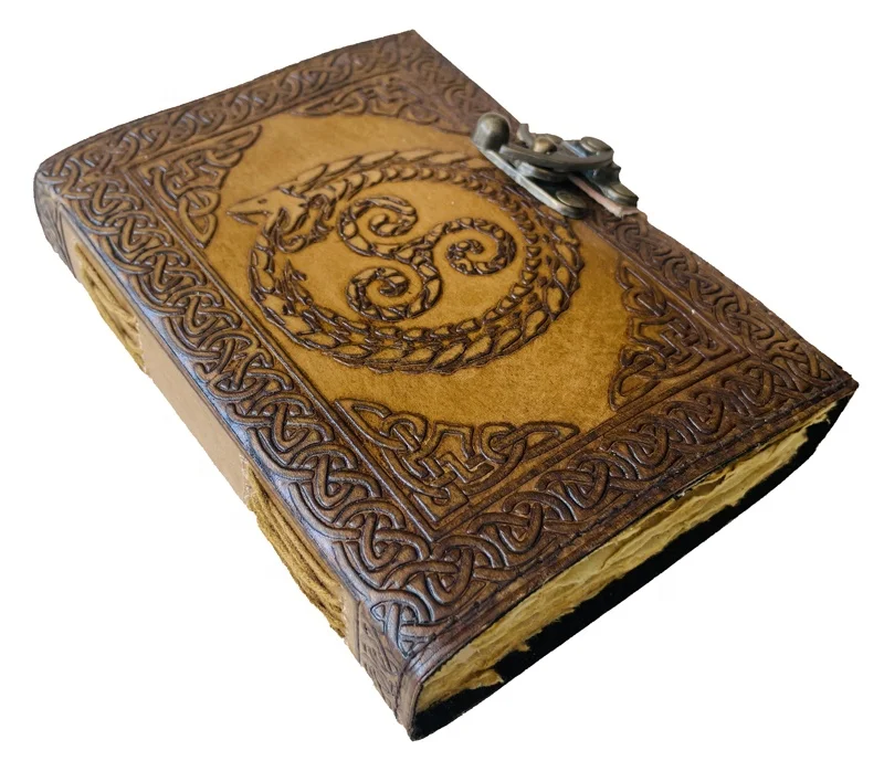 Dragon Embossed Leather Writing Notebook Hardcover Gift Journal Antique Journal Celtic Emboss Writing Green Spell Deckle Book