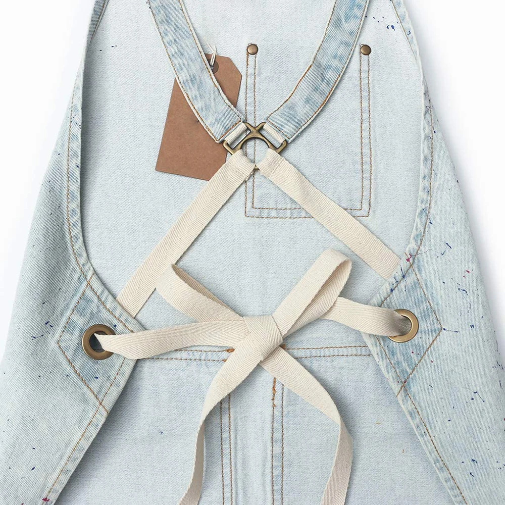 Cotton Thickness Denim Apron For Unisex Stain Proof Household Kitchen Work Gardening Barber Bib Apron