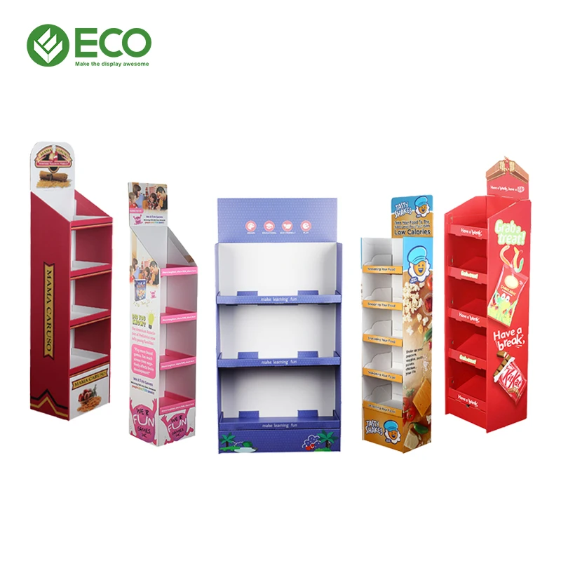 Customized Retail Floor Stand Rack Pos Corrugated Merchandising Exhibition Product Display Stand  With Hook