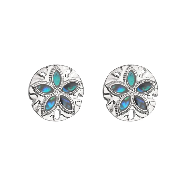 Beach Themed Blue Created Opal Inlay Starfish Stud Earrings Round Sand Dollar Earrings Abalone Shells Starfish Stud Earring