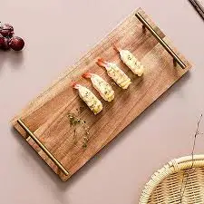 Personalized Acacia Cheese Board wholesale custom wooden Rectangular Rustic Burnt wood tray with metal handle