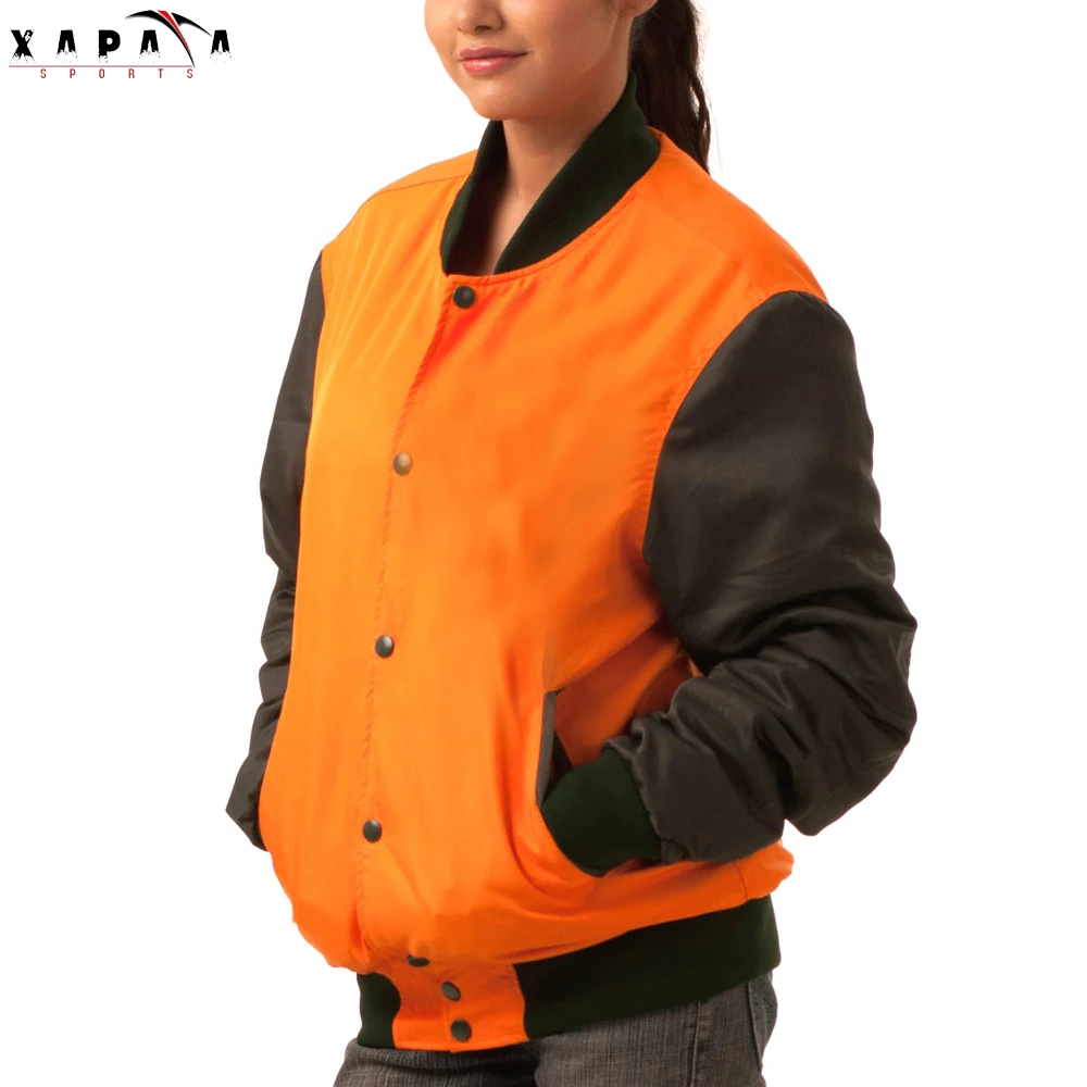 Custom Women Varsity Jackets Black Sleeve Orange Body Wool Women Outer Wear Light Weight Varsity Jackets By XAPATA SPORTS