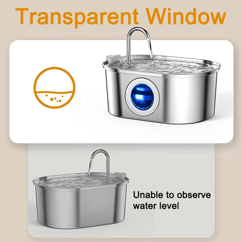 3.2L Stainless Steel Cat Fountain with Water Level Window USB Charging Sensor Pet Water Fountain Cat Dog Water Dispenser for Cat