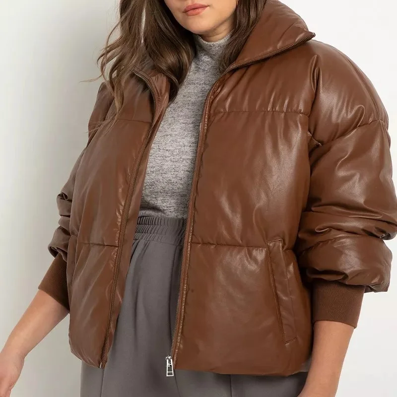 2022 Oem Puff Oversized Pu Brown Cropped Down Padded Faux Wholesale Leather Custom Logo Bubble Plus Size Puffer Jacket Women