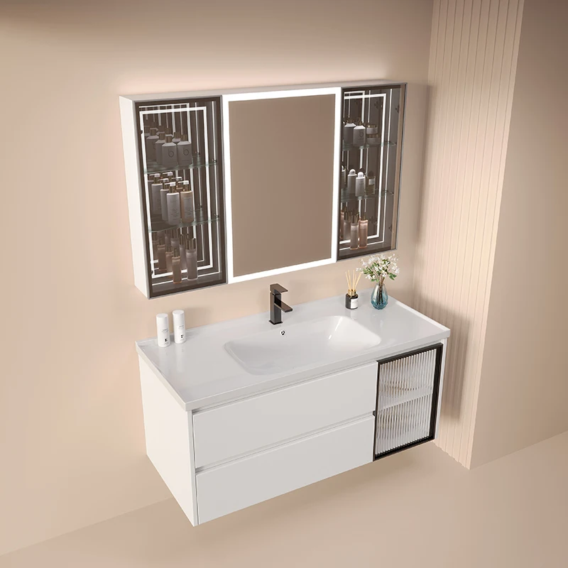 Bathroom White Bathroom Cabinet Set Smart Mirror Cabinet With Light Wall Mounted Ceramic One Piece Washbasin