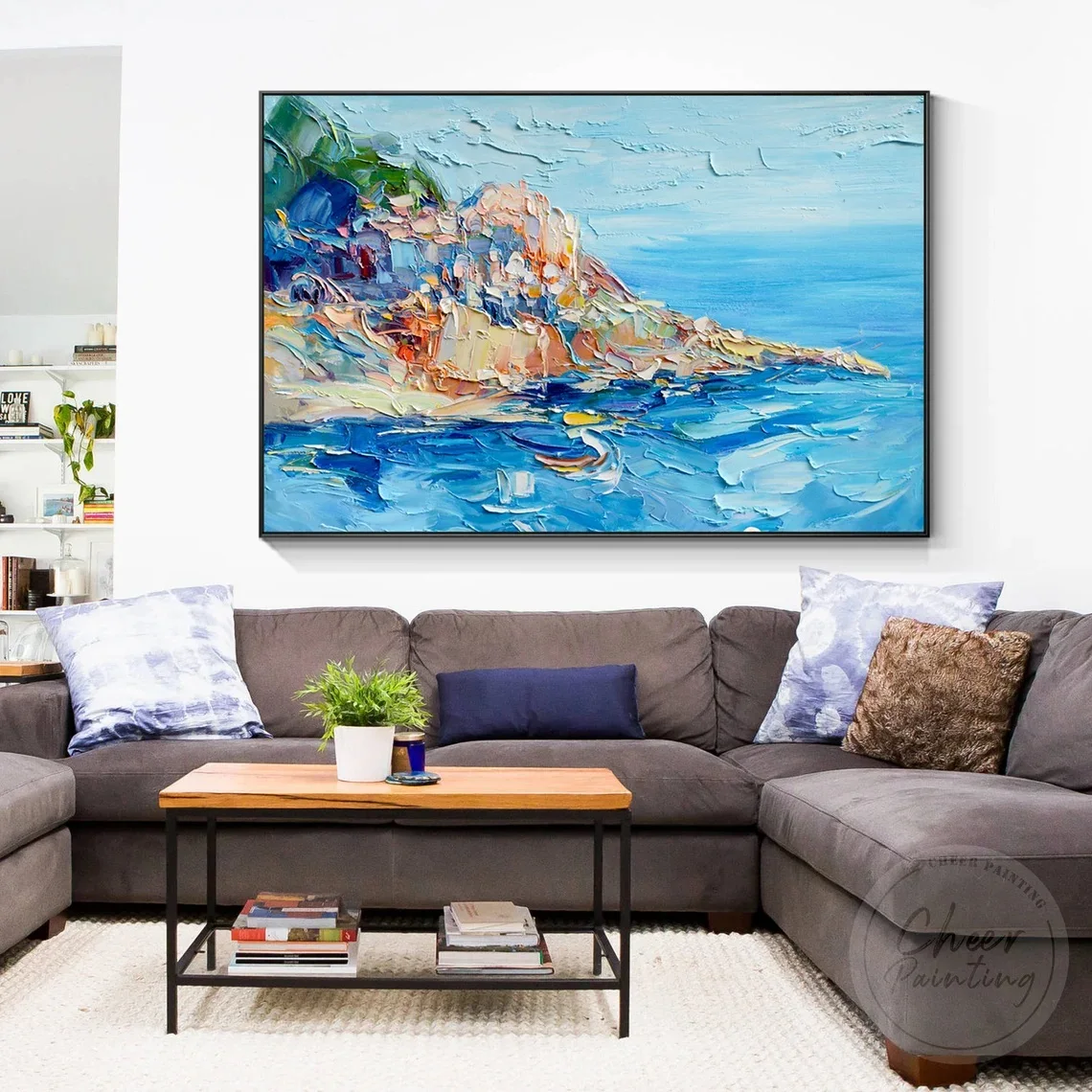 Seascape Knife Heavy Texture Painting Oil Painting Blue Sky Ocean Framed Wall Art