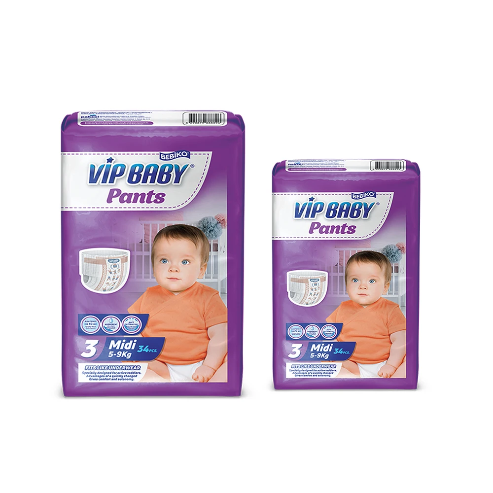 Bulk Supplier Organic 5 To 9 kg 34 PCS VIP Baby Pants Diaper Super Absorbing Midi Baby Diaper at Good Price