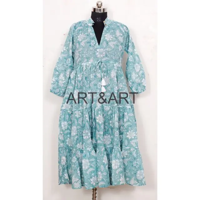 Indian Tunics Hand Printed Dress Designer Dress in Cotton Hand Block Printed Fabric Long Evening gown  Beach Party Gown