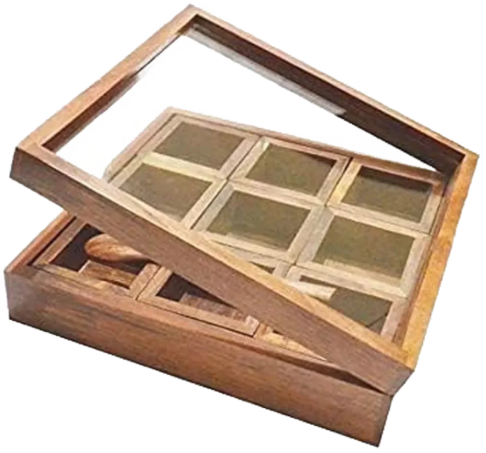 printed Round Wooden Spices Box of 7 brass Containers - High-Quality Spice Storage box for Kitchen