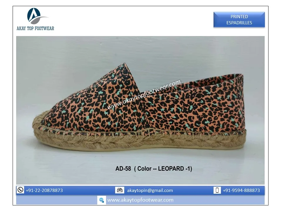Leopard Printed Walking Style Espadrille Casual Hot Selling Flat Comfortable Jute Sole Vulcanized Rubber Outsole Espadrille Shoe