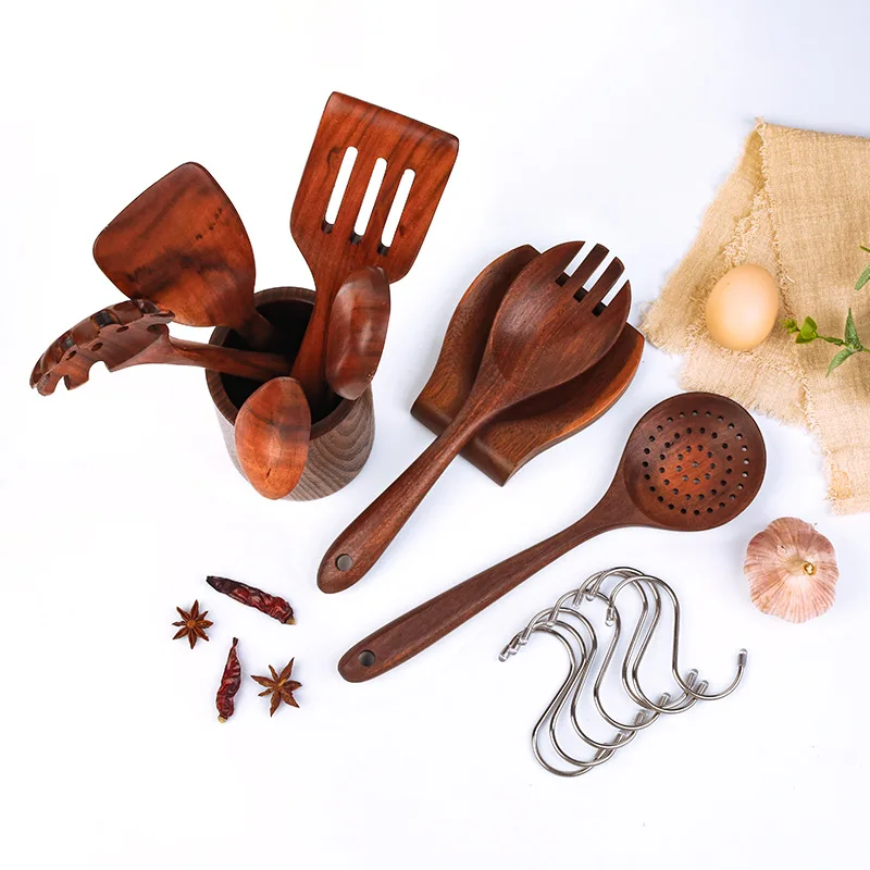 High quality Natural Teak Acacia Kitchen Accessories Cooking Tools Wooden Kitchen Utensils Cookware Wood Utensil Set