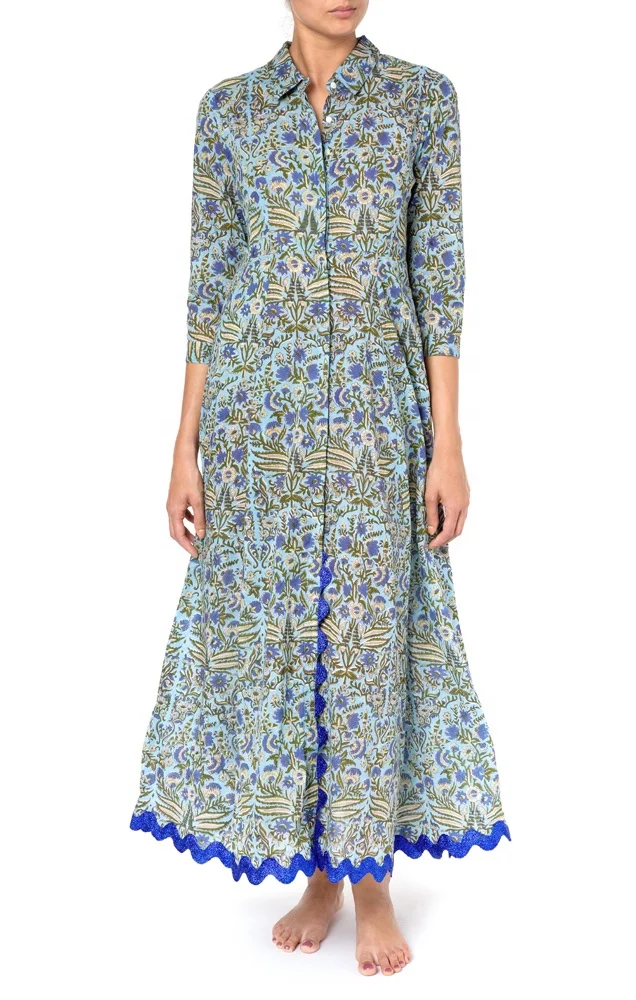 Strong Retro Vibe Fresh New Botanical Blooms Ladies Shirt Dress Beautiful Women Soft Vivid Cornflower Print Blue Elegant Dress