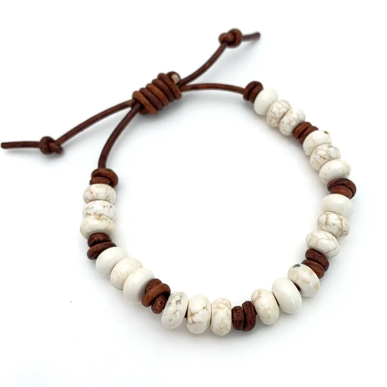Natural WhiteTurquoise Gemstone and Rustic Brown Leather Cord Stacking Crystal Stone Bead Bracelet for Women Jewelry