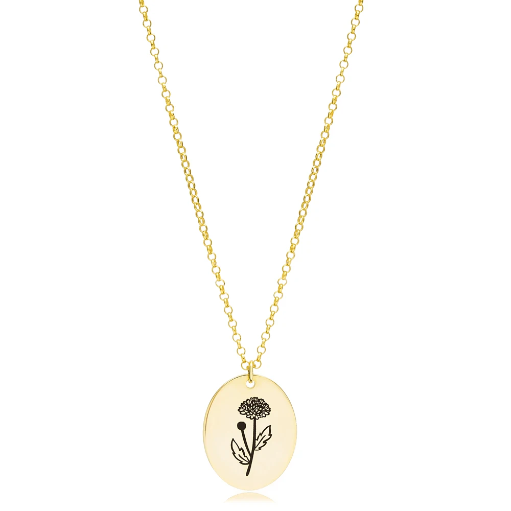 November Chrysanthemum Birth Month Flower Necklaces Oval Disc Turkish Handmade 925 Sterling Silver Jewelry