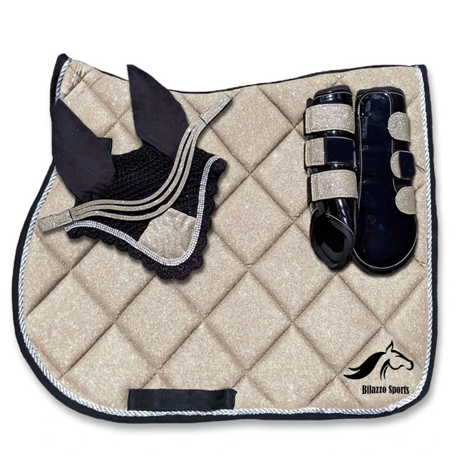 HORSE ENGLISH COTTON SADDLE PAD WITH MATCHING BELL BOOT TENDON BOOT & FLY VEILS MATCHING SET CUSTOMIZATION ACCEPTED
