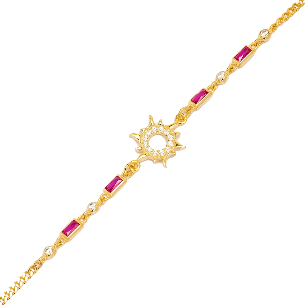 Sun Design Rectangle Shape Stone Ruby Stone Chain Bracelet Women 925 Sterling Silver Jewelry