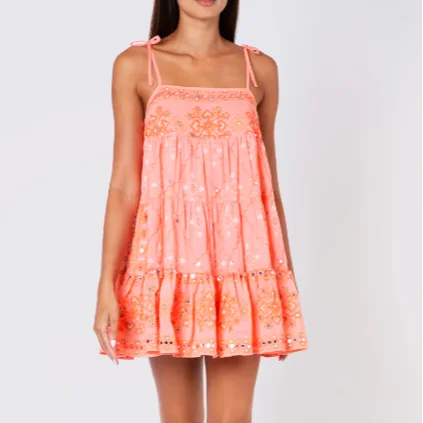 Vivid Coral Mosaic Print Mirror Embroidered Tired Women Mini Dress  Irresistible Girls Perfect Fit Summer  Vacation Short Dress