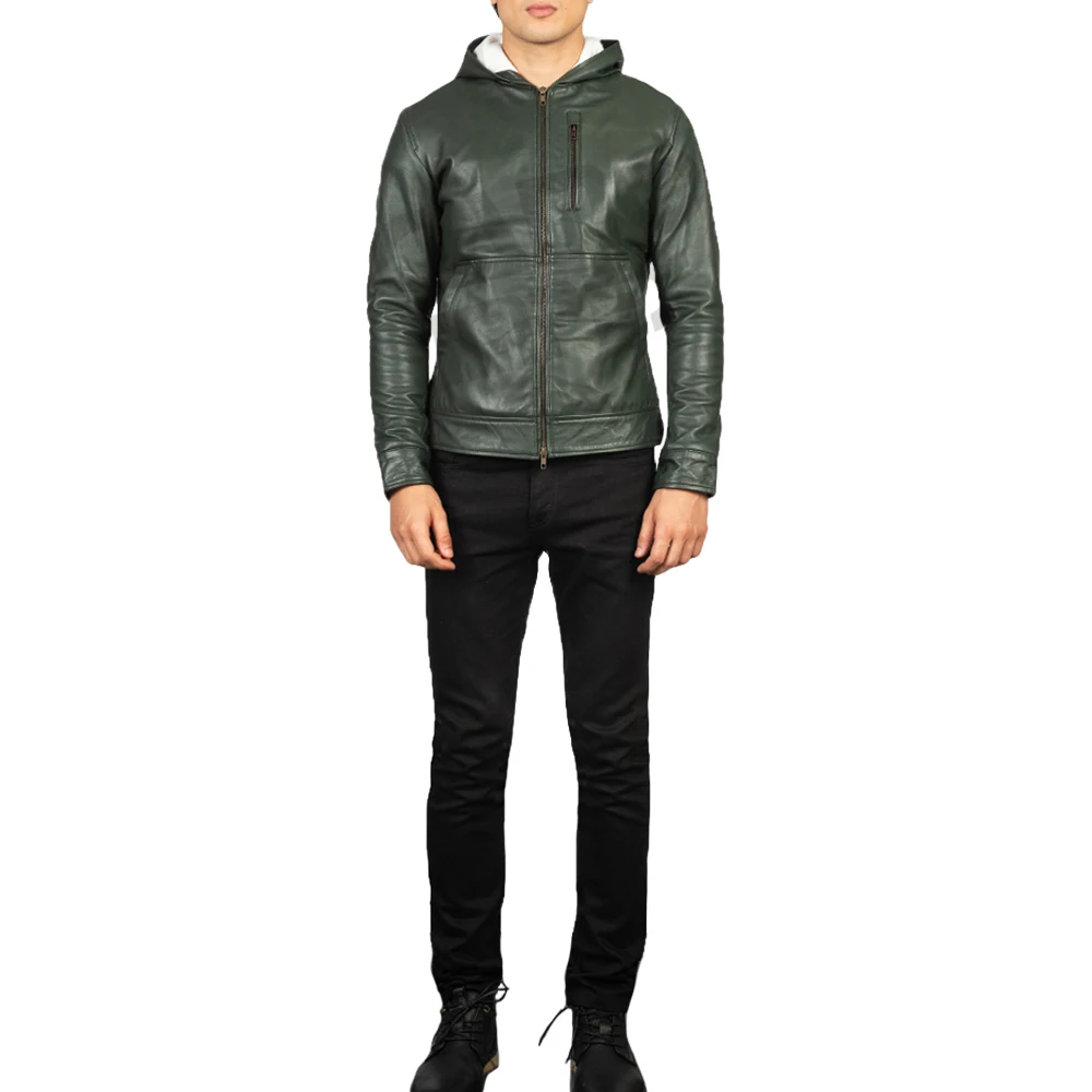 Wholesale OEM ODM Full Sleeves Hooded Real Leather Zipper Up Green Leather Bomber Jackets New Arrivals Sheepskin Hooded Jackets