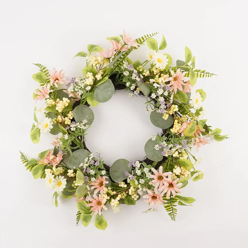 24 Inches Summer Wreaths for Front Door Summer Floral Wreath Summer Door Wreath with Wildflower Green Eucalyptus Leaves