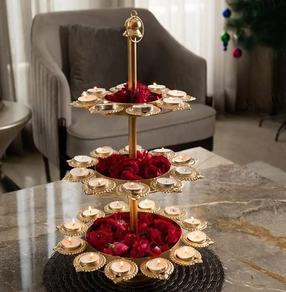 Изысканная 3-слойная металлическая подставка Diya Urli в форме латкана Pooja для праздника Дивали свадебное украшение Декор дома и офиса
