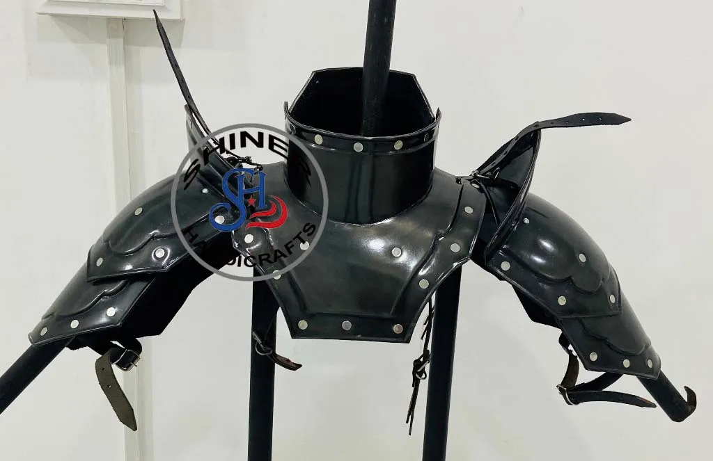 Medieval Knight Pair of Pauldrons with Gorget Sports Armor Shoulder Gorget Black Polished Costume Adult Size