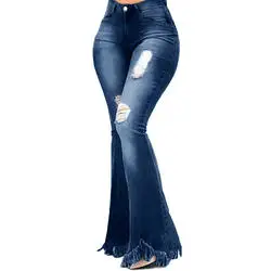 Wholesale Denim Stretch Slim 2023 New Trendy Plus Size Ripped Jeans Torn Washed Fit Flared Trousers Women High Waist Jeans