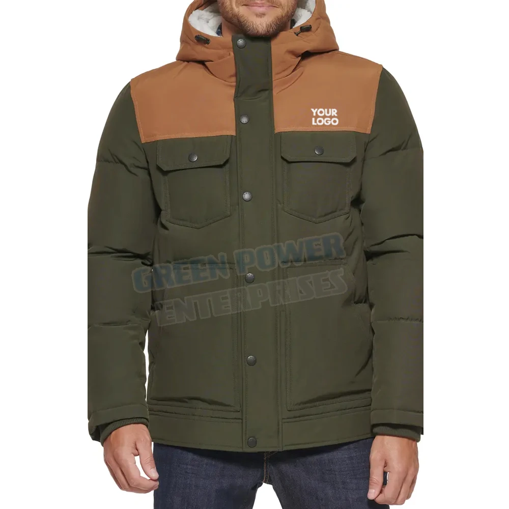 Full zip wholesale fashion designer man coats custom down bubble mens puffer jacket green and mustered color jacket