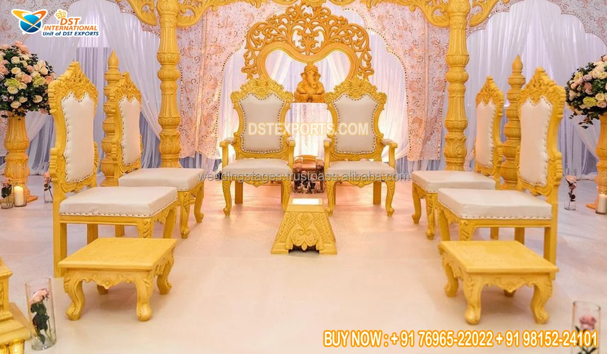 Bride Groom Seating Wedding Ceremony Vidhi Chairs New Design Wooden Wedding Mandap Chairs Designer Carved Marriage Mandap Chairs