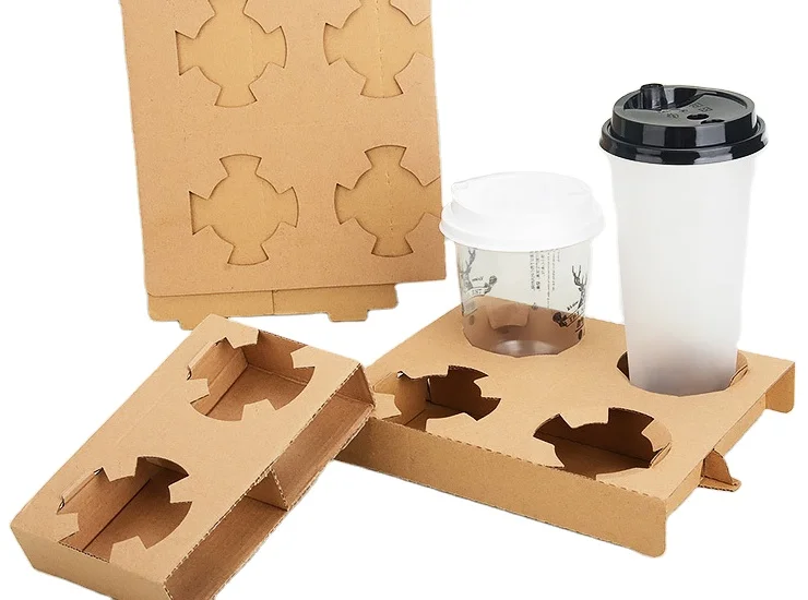 Disposable Carry Out Cup Tray Holder for Hot Cold Drinks Kraft Corrugated Coffee Cup Holder 1cup 2cup 4Cup Carriers